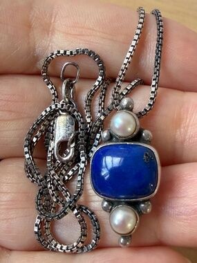 VINTAGE JGD JANICE GIRARDI LAPIS PEARL PENDANT CHAIN NECKLACE 925 STERLING SLVER